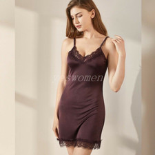 Women Mulberry Silk Loose Nighty Petticoat V-Neck Lace Silk Full Slip Nightdress