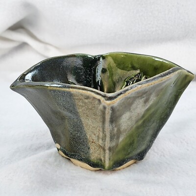 Handmade Studio Art Pottery 3'' x 4'' Trinket Bowl Green Student Stamped Inside