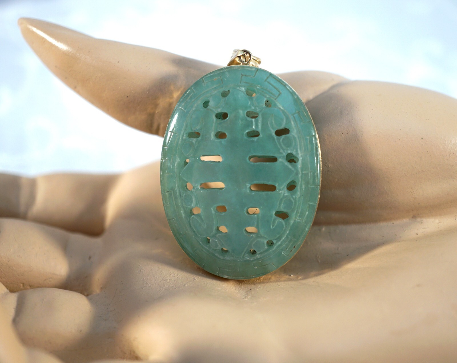 Translucent Jade Gemstone Pendant with Pierced De… - image 1