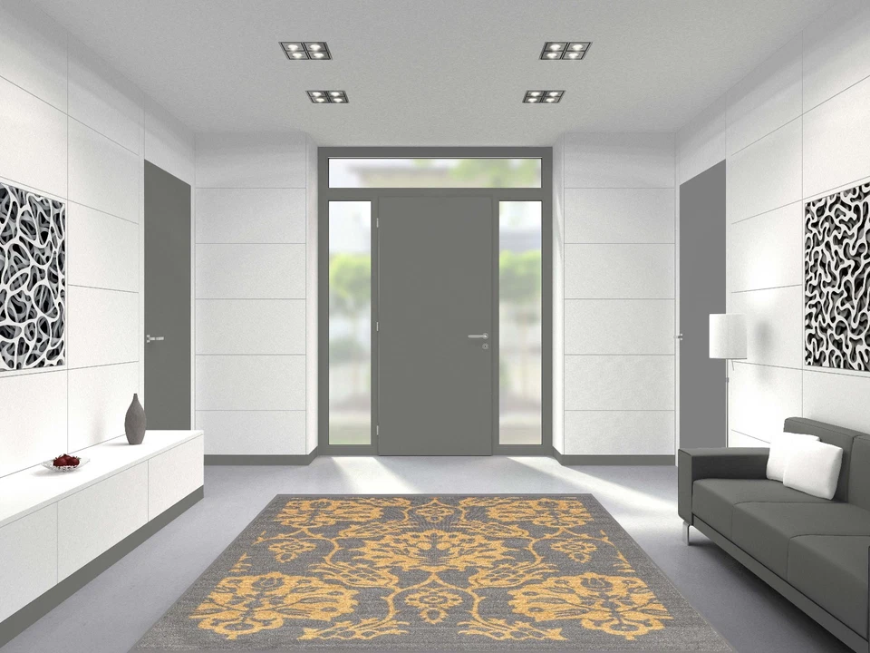 Rubber Backed Non-Skid Non-Slip GOLD & GRAY Color Floral Design Area Rug - Image 3 of 4