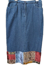 Denim Patchwork Maxi Skirt Womens 12 Western Hippie Festival Bohemian Country