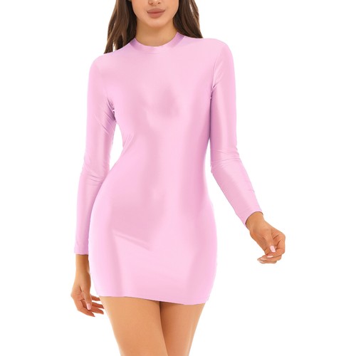 AU Women's Oil Shiny Mini Dress Nylon Elastic Tights Dresses Long Sleeve Dress - Picture 27 of 80
