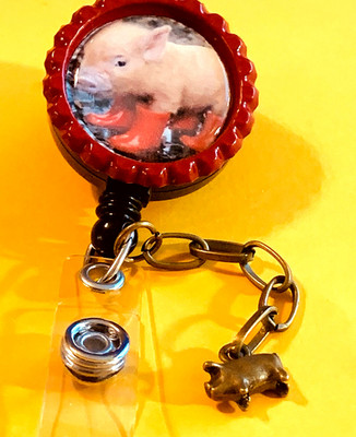 Animal Pig 3 Id badge holder retractable alligator clip