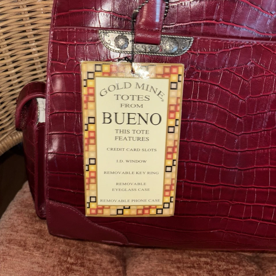 NUEVO Bolso de hombro VTG Bueno Rojo Vino Piel de Aligátor Sintético Hardware Plateado Foto 3 de 4