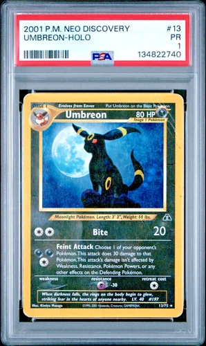 SWIRL PSA 1 PR 2001 Neo Discovery Umbreon 13/75 Holo Foil Pokemon Moonbreon