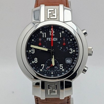 FENDI 4500G Chronograph Black Dial Brown Leather Men's Watch Box