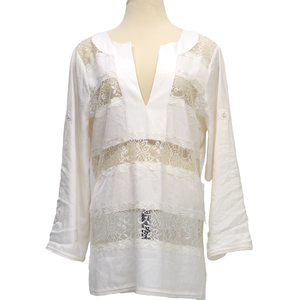 Blusa Top BCBG MAX AZRIA Encaje Blanco Satinado Túnica Manga Redonda Talla L