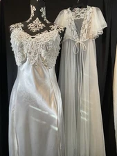 Vtg White Satin & Chiffon Peignoir Set Liquid Satin Nightgown Sheer Flutter