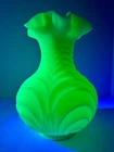 Vtg Fenton Custard Satin Uranium Green Art Glass Drapery Vase Ruffle Rim