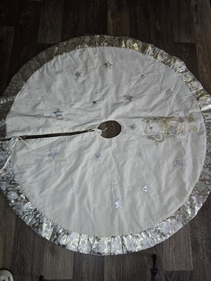 Christmas Tree Skirt White Silver Gold Santa Stars 40 Inch Two Layer