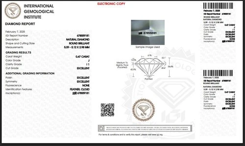 0.47 Ct Natural Round Brilliant Diamond IGI Certified 5 mm J Color I1 Clarity