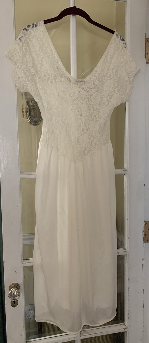 chinese dress ladies 1940's Bridal White Slip Dress with Cream Lace – Eveliina Vintage main image 0