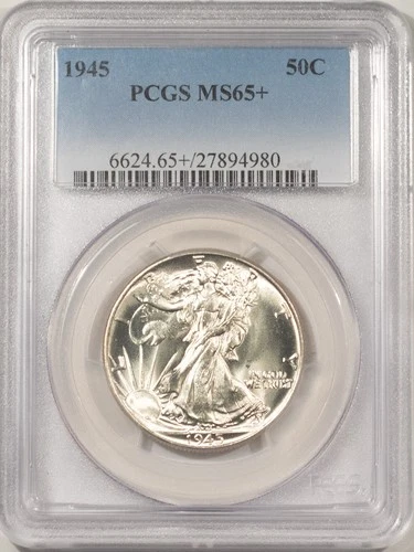 1945 WALKING LIBERTY HALF DOLLAR - PCGS MS-65+, BLAST WHITE PREMIUM QUALITY!