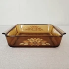Vintage Anchor Hocking Amber Glass 1.5 Qt Baking Dish With Harvest Wheat Pattern