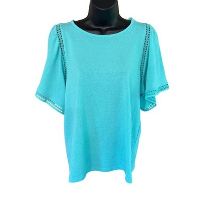 LOFT Women Teal Blue Eyelet Crochet Trim Flutter Sleeve Knit Top Size L