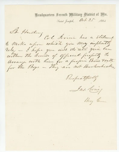 James Craig – Civil War Brig. Gen. – Autographed 1864 Letter – "Bushwhackers”