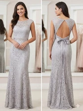 Betsy & Adam Silver Metallic Lace Gown Sz 12 Keyhole Back Rhinestone Belt Formal