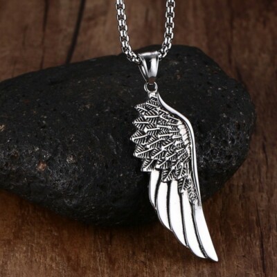 Collier pendentif homme acier inoxydable plume aile ange argenté