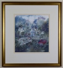 Garden bench amongst flowers. Mixed media by listed artist Janet Rogers, 1993