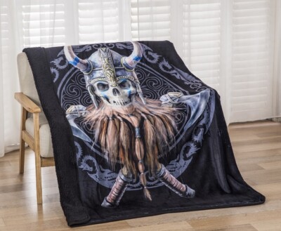 New Viking Skull Sherpa Plush Throw Gift Blanket SOFT Norse Warrior Axe Beard