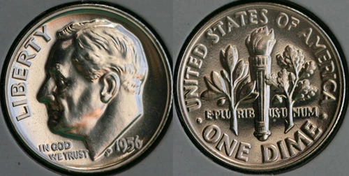 1956 Silver Proof Roosevelt Dime Ten-Cent Coin 10c taken from US Mint Proof Set