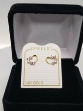 14K Yellow Gold Screw-back Heart Earrings with Pink Stones
