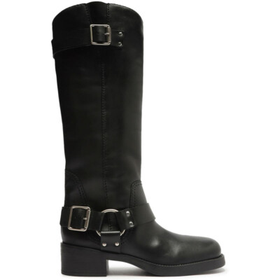 Arezzo Womens Clara Knee-High Leather Tall Motorcycle Boots | Black | 5.5B