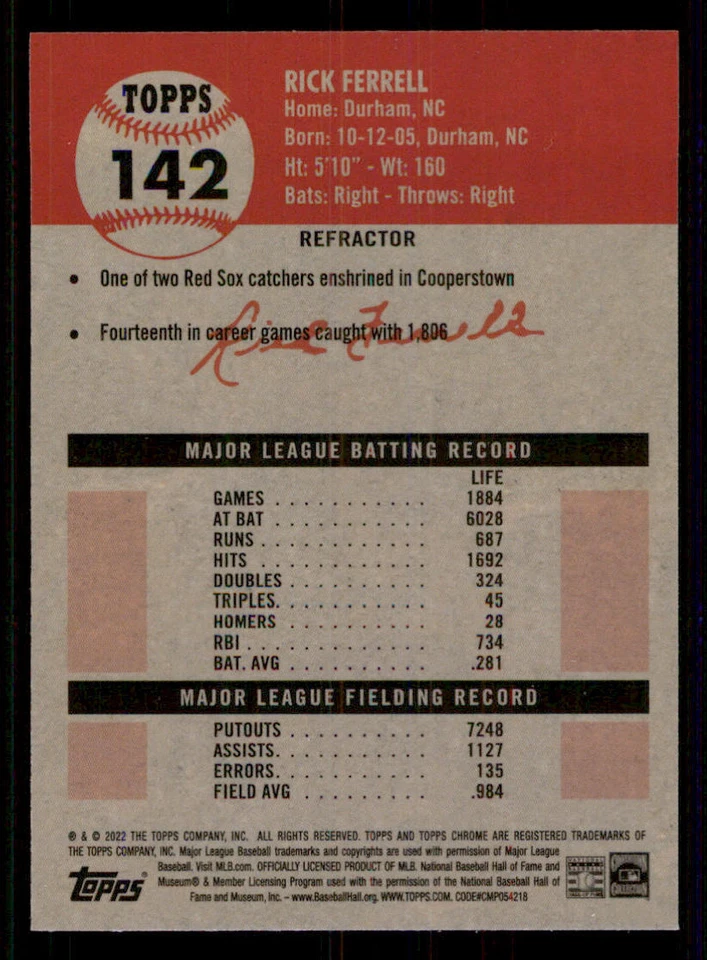 2022 Topps Chrome Platinum Anniversary Refractors #142 Rick Ferrell - Image 2 of 2