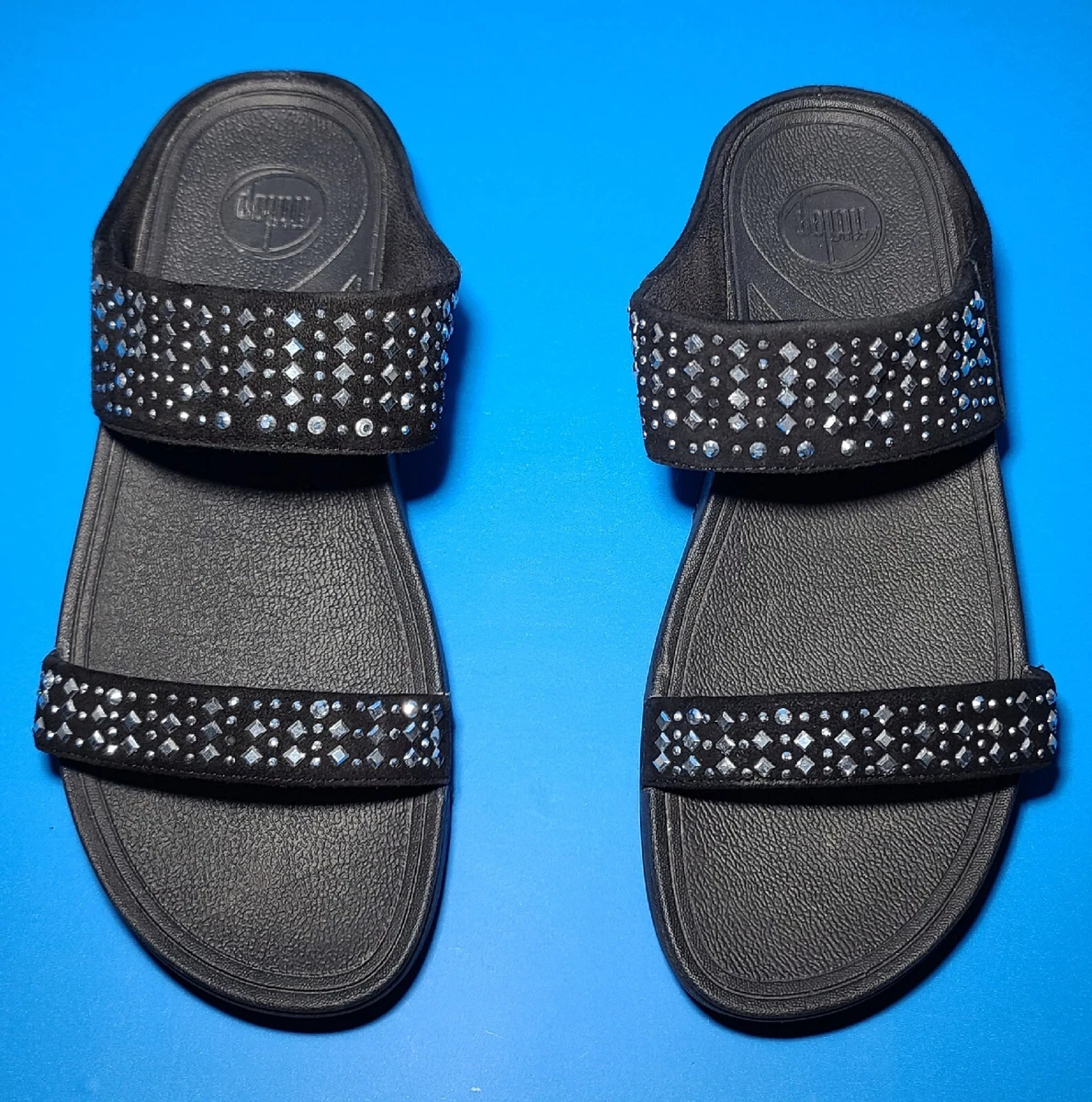 FitFlop Novy Women s Slides Sandals Black Suede Rhinestones Size