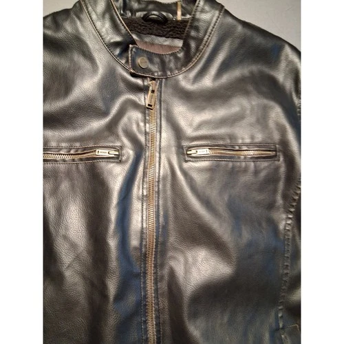 Guess Jacket Mens L Dark Brown Leather Cafe Racer Sherpa Lined Full Zip image 4