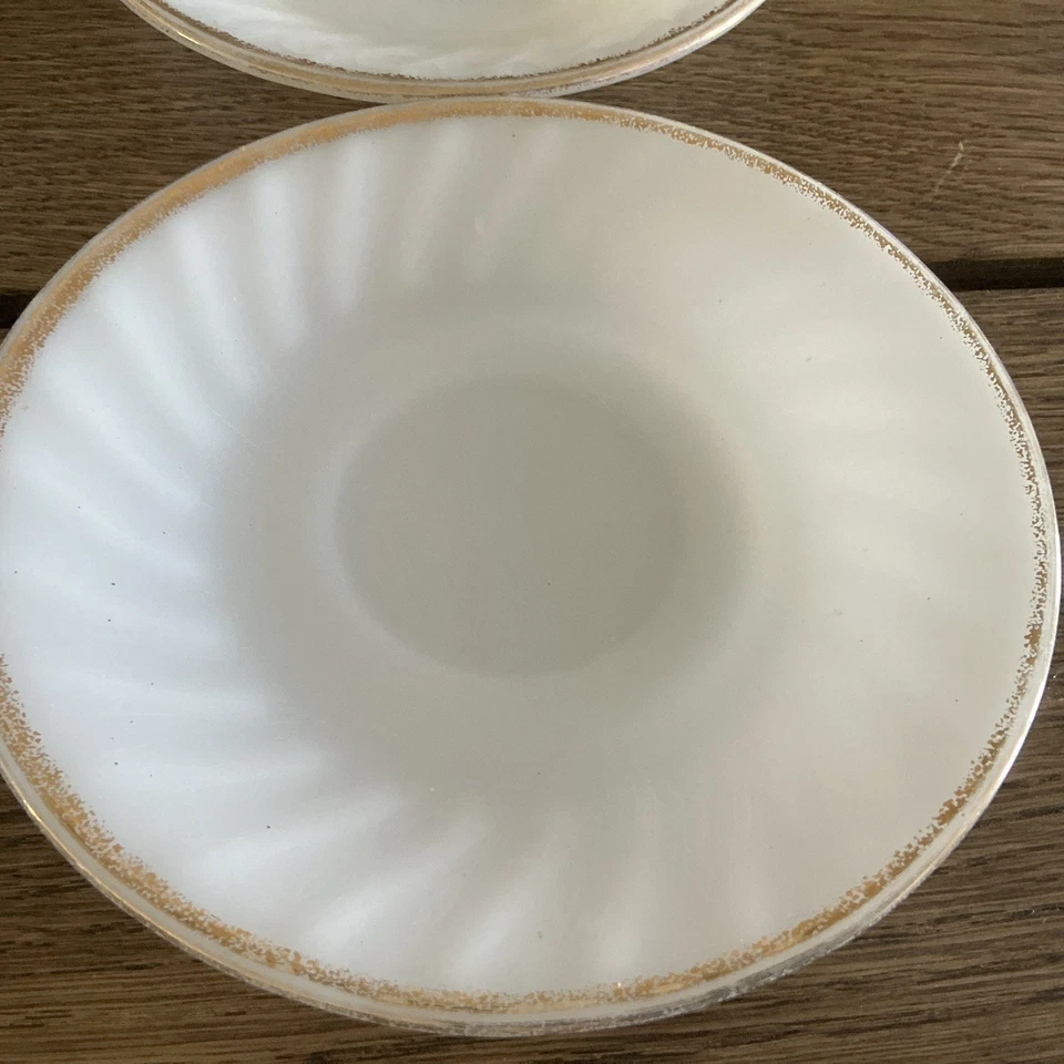 Set of 4 Anchor Hocking Fire-King Milk Glass Swirl White Gold Saucers-Made In US - Image 4 of 4
