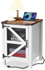 18" Farmhouse Accent Side Table with Charging Station, End Table with Storage