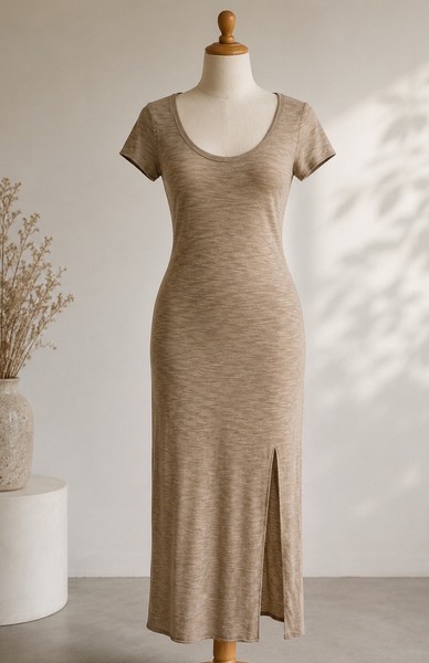 Glassons Ladies Dress Size M Medium Beige Knit Midi Leg Slit S/S Classic Beach