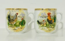 Vintage Hassenpflug Austria Vienna Rooster & Chicken Coffee Mugs 1950’s EUC