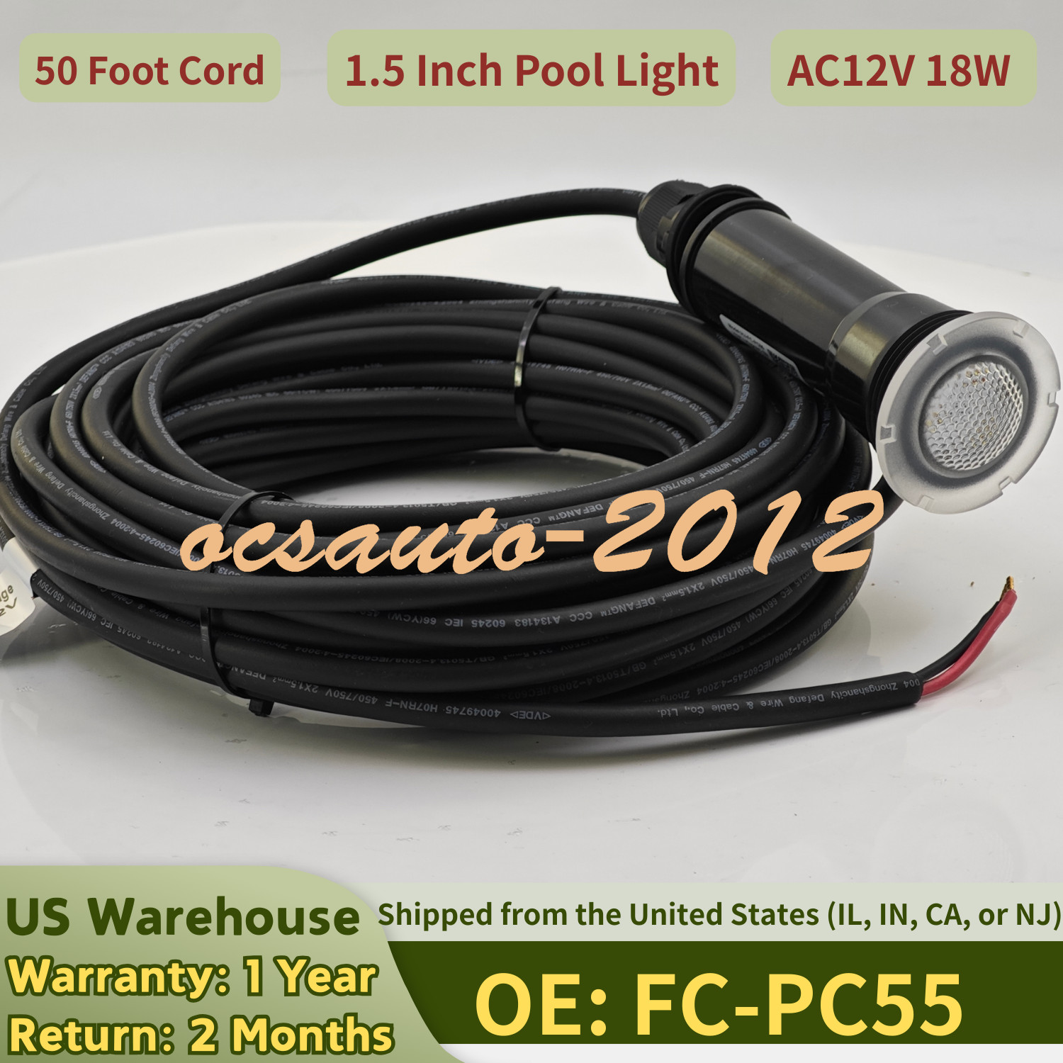 Cable de 50 pies, luz de piscina de 1,5 pulgadas para piscina subterránea AC12V 18W 7 RGB color FC-PC55