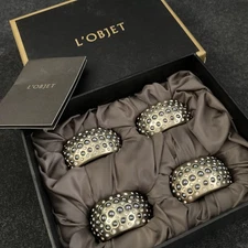 L'Objet Perlee Platinum Napkin Rings Set of 4 NEW