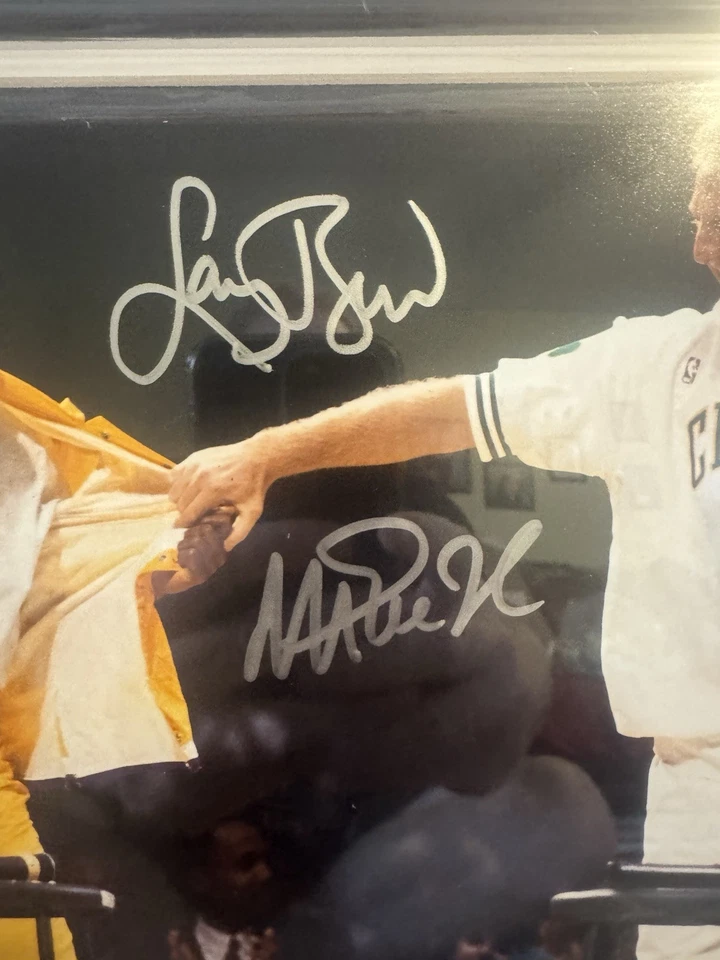 Larry Bird And Magic Johnson Signed Framed 8x10 W/JSA & Beckett Bird Retirement  - Image 2 of 3