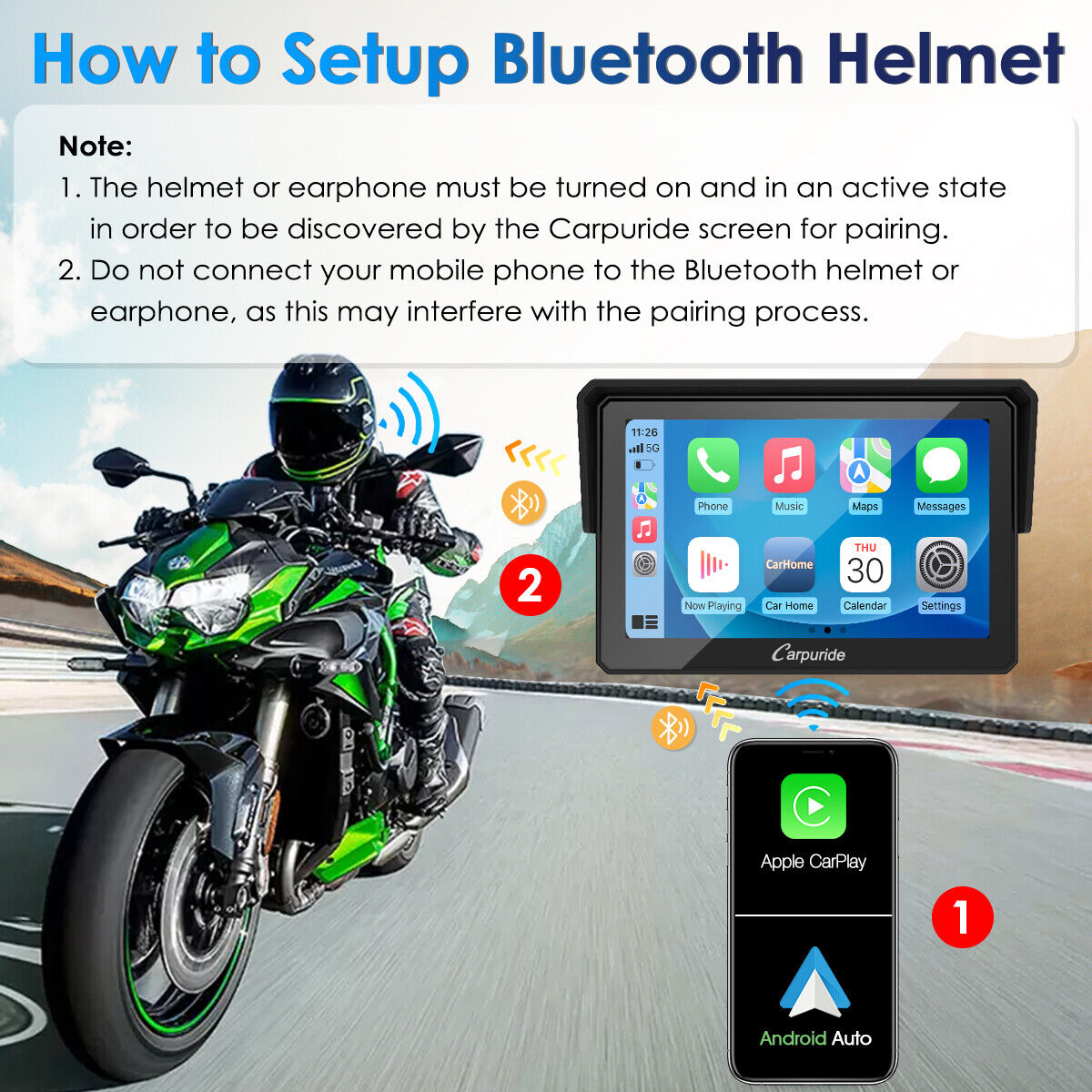 Carpuride 5 Inch Motorcycle Carplay Wireless Navigator GPS Bluetooth  Waterproof
