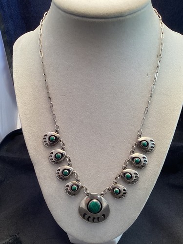 Vintage Sterling Silver Bear Paw Shadow Box Malachite Necklace & Earrings 18.5” - Picture 15 of 19