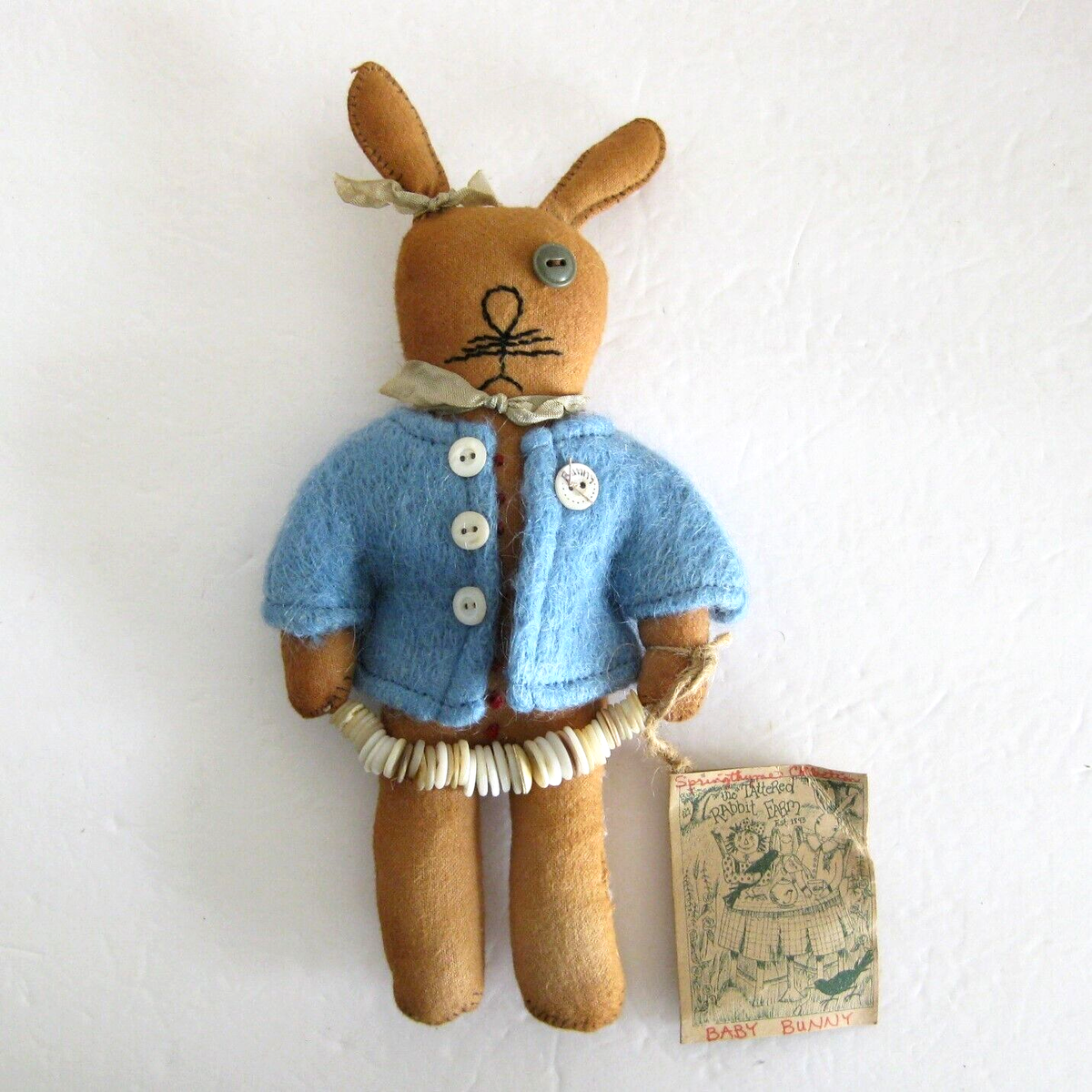 Folk Art Baby Bunny Cloth Doll 10in Tattered Rabbit Primitive 