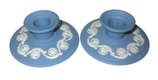 Vtg Wedgwood Jasperware Candle Holders Set Two Blue Sticks Banquet 1.5" x 3.75"