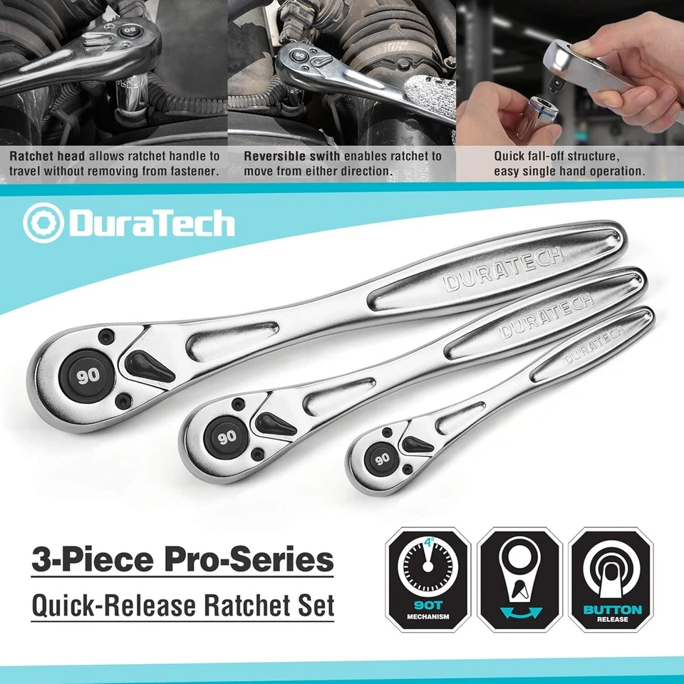 Professional 3-Piece Heavy Duty Ratchet Set with EVA Organizer - Chrome Finish - Image 4 of 4
