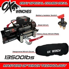 OX ELECTRIC WINCH COMBO DEAL 13500lb 12v STEEL ROPE  & MOUNTING PLATE - BLACK