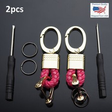 2pcs Rose  Gold Woven Leather Fob D-Ring Keychain Key Split Rings Holder Clip