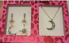 2 PC Betsey Johnson Moon & Star Earrings W/ Matching Necklace Cresent Moon Set 