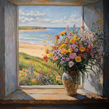 Blumen mit Strand Ölgemälde Luxus Leinwand Wandbild Bild Druck bunt