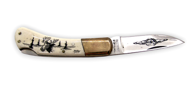 VINTAGE Sam McDowell D Sims Knife Moose Scene Bone Handle Japan