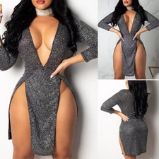 Evening Party Cocktail Club Mini Dress Women Sexy Sequin Deep V Bandage Bodycon