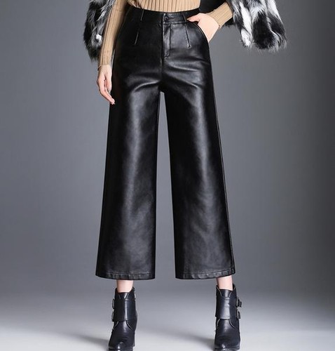 Womens Lady Faux Leather Black Wide Leg 