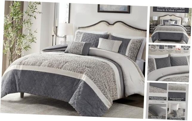 Queen Comforter Set Pieced Boucle & Mink Comforters for Queen Full/Queen Grey